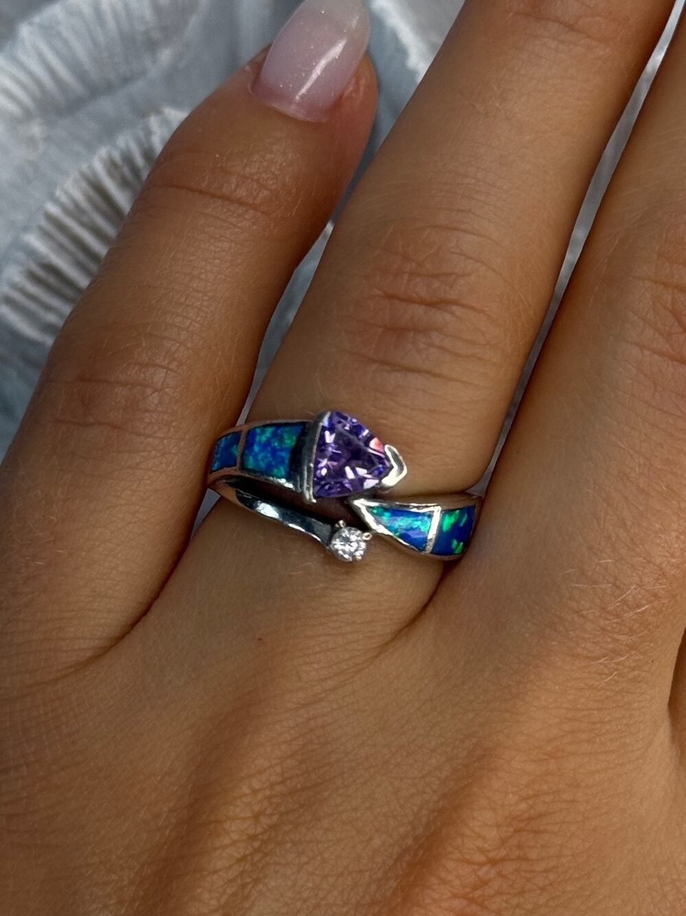 925 Sterling Silver Amethyst, Beryl & Opal Ring Size 7